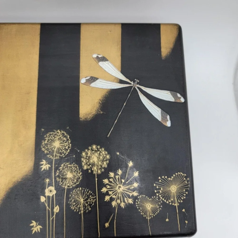 Vtg Wooden Jewelry Box Custom Hand Painted Black Gold Dragonfly Peacock